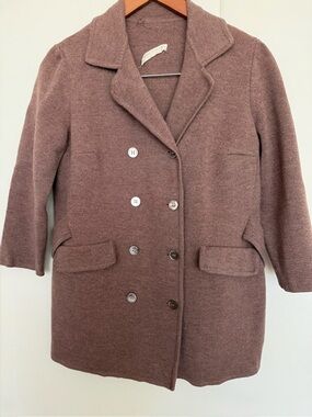 Vintage Wool Camel Beige Double-Breasted  3/4 Sleeve Sweater Pea Coat Cardigan M